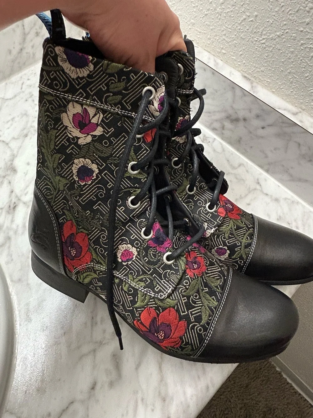 New John Fluevog Black Lace-Up Boots with Red and Purple Floral Embroidery - Picture 5 of 13